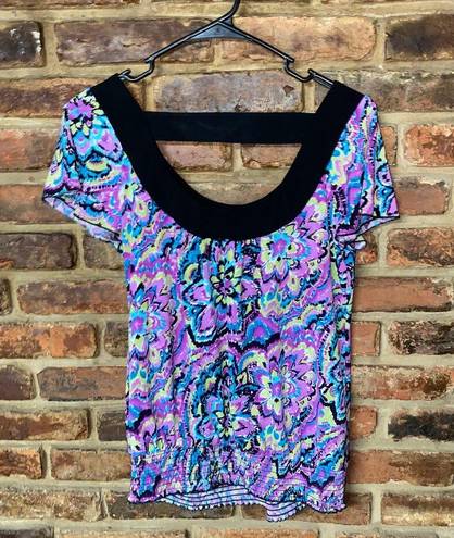 AB Studio  Purple Printed Smocked Open Keyhole Back Blouse Women's Size Small