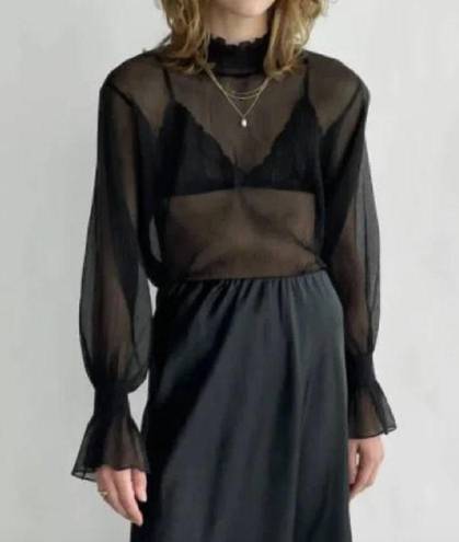 Oak + Fort  Black Sheer Ruffle Neck Sleeve Top Long Sleeve Size Small