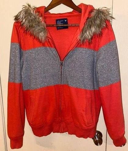 American Eagle AEO Faux Fur Trim Lined Orange & Gray Zip Hoodie - size XL