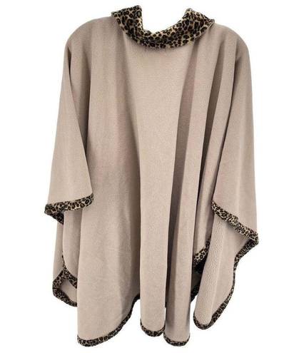 Moda Le  Womens Wrap blanket Sweater Leopard Trim Full Zip Pocket Beige Tan One S