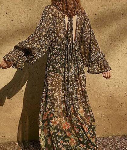 Rococo  Sand Hana Printed Kaftan Maxi Dress Black Metallic Thread Size XS NWT