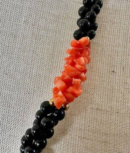 Onyx Black   beaded and coral long twisted necklace