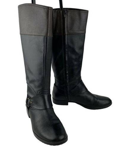 Ralph Lauren  Sulita Harness Riding Boots 8 Black Brown Leather Knee High Zip