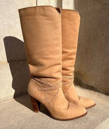 Dingo Vintage  80s high heeled suede yellow tan leather braid detail boots