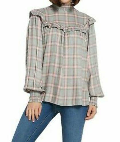 Peace Love World  plaid mock Neck Blouse Top Size M Smocking Detail