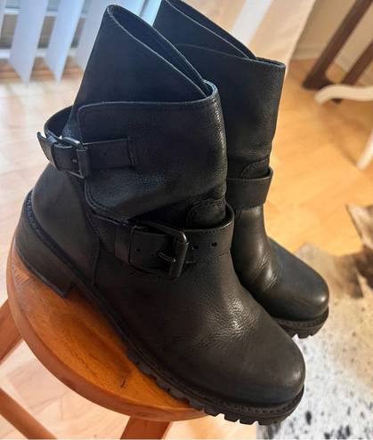 ALL SAINTS Black Leather Nubuck Moto Buckle Boots Women’s Size 37