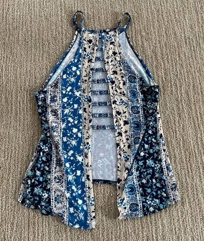 Vintage Havana  Blue Patterned Open Back Racerback Tank Top