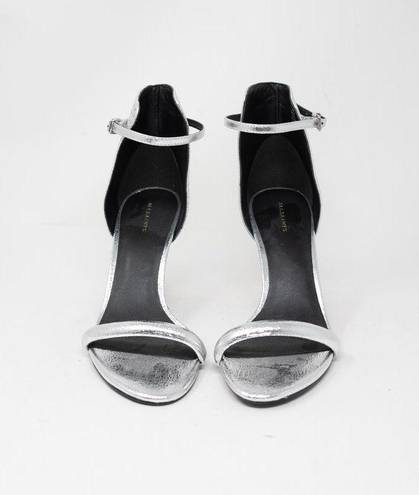 ALLSAINTS NEW  Avia Metallic Silver Genuine Leather Open Toe Stiletto High Heels