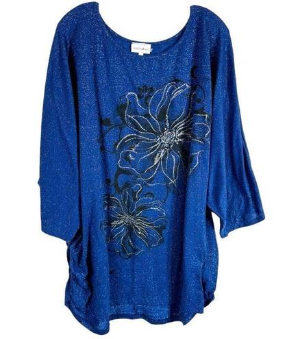 Fashion Bug  Plus Size 4X Top Blue Floral Sparkly Ruched Sides Metallic 1398