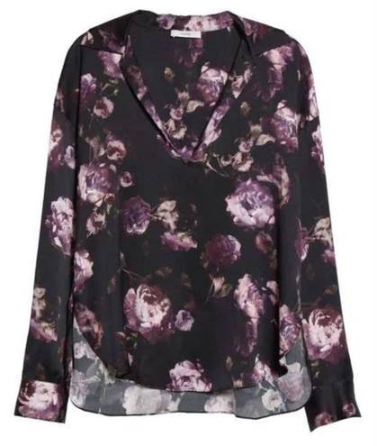  S Vince Silk Floral Long Sleeve Spread Collar Black and Purple Blouse