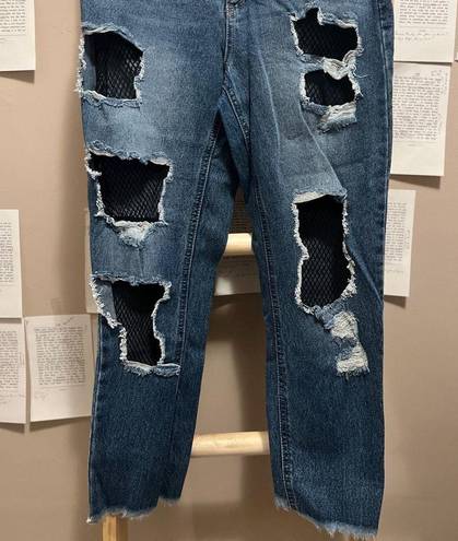 Cello Denim Ripped High Waisted Jeans with Black Mesh Fishnet