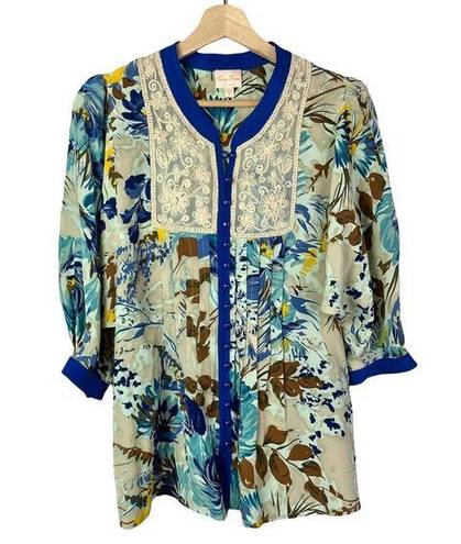 Tracy Reese  Tan & Blue Floral Button Down Silk Long Sleeve Top S