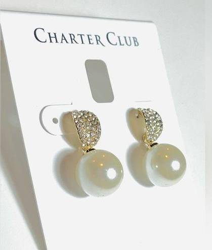 Charter Club NEW  Pearl Drop EARRINGS 1" Pave Crystal & Faux Pearl Post Back Gold