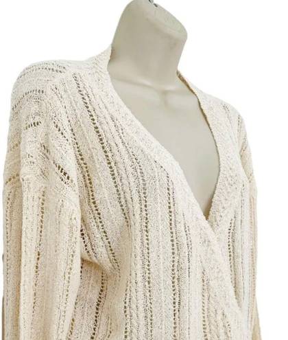 ASTR NWT  Wrap Front Pointelle Sweater In Cream Size Medium Long Sleeve Open Knit