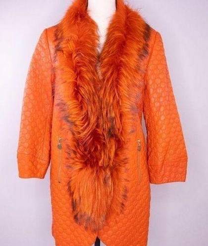 Vintage leather coat with fur trim, color orange Size XS