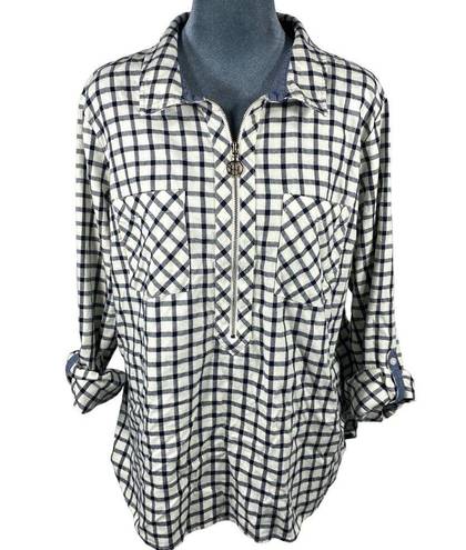 Tommy Hilfiger Flannel Shirt Women's XL Cream Plaid Roll Tabs Popover 1/2 Zip