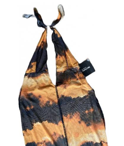 Pretty Little Thing NWT  Orange Tie Dye Print Sheer Mesh Halterneck Tie Back Maxi Dress 🔥