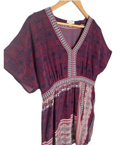 Garnet Hill  100% Slik Boho V Neck Dolman Short Sleeves Tunic Red Blue 8