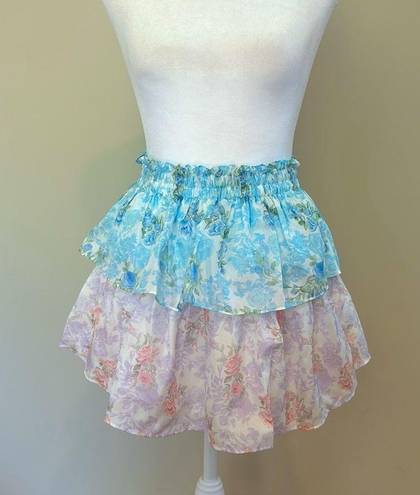 Love Shack Fancy  Ruffle Mini Silk Skirt Floral Rainbow Clouds NWT Size P