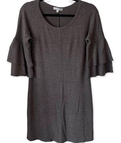 Moa Moa Ruffle Flare Bell Sleeve Dress Tunic Heather Brown Black Soft Size Small