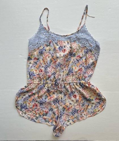 In Bloom by jonquil Pajama Romper Light Blue Lace Tie Floral Spaghetti Strap Med