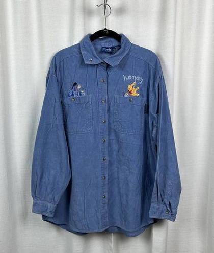 Disney  Vintage Blue Corduroy Embroidered Winnie The Pooh Button Up Shirt Sz.XL