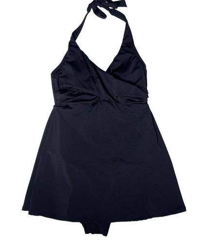 Garnet Hill  Stretch Sleeveless Signature Crossover Swim Dress Black Size 8