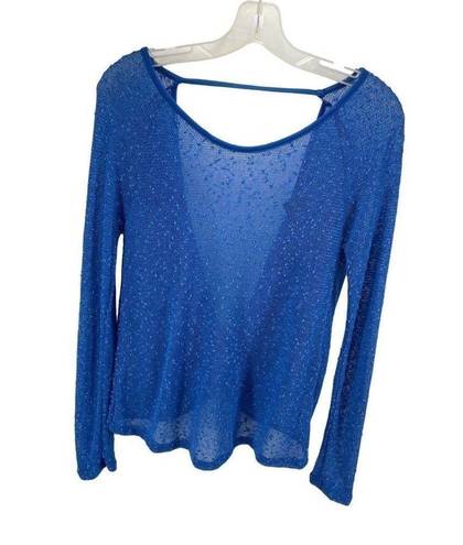 Paper Crane  Womens Long Sleeeve Blouse Top Sheer Open Back Stretch Blue Small