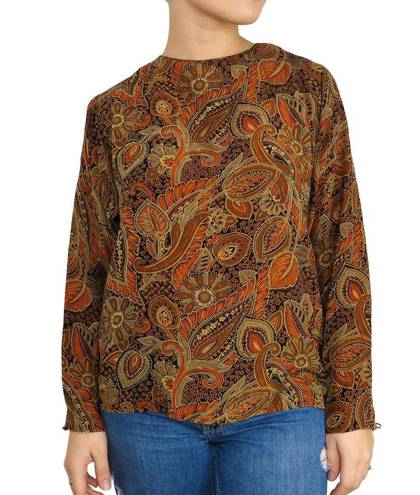 Oleg Cassini  Silk Paisley Vintage Brown & Orange Retro Long Sleeve Blouse Small