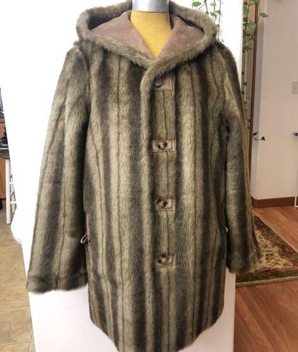 Dennis Basso Coat Reversible Faux Suede Fur Mink Brown Hooded