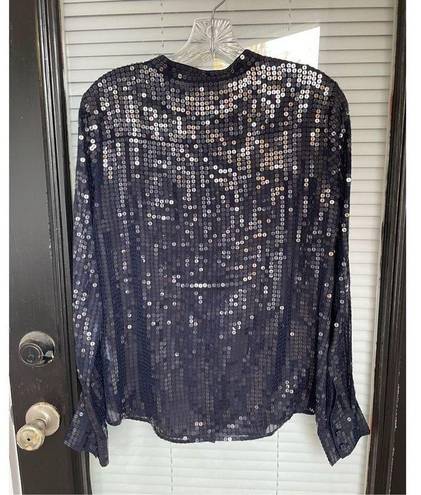 DKNY  Sequin Long Sleeve Sheer Silk Blend Blouse Blue Size S