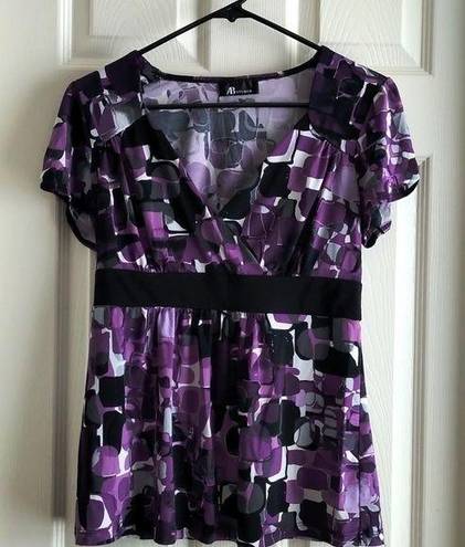 AB Studio  PURPLE BLACK DRESSY BABYDOLL BLOUSE Size Large EUC #7758