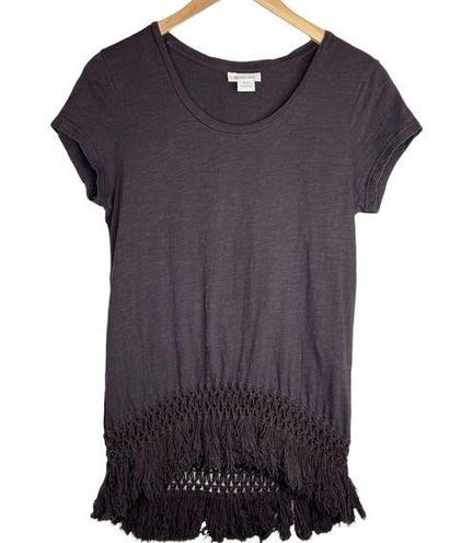 Ariat  brown scoop neck fringe crochet hem short sleeve tee shirt