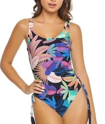 PilyQ  BLACK FLORAL Aralia Lace Up Reversible Lola One Pice Swimsuit