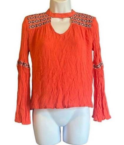 Rock & Roll Cowgirl  Womens Small Orange Aztec Embroidered Keyhole Boho Blouse Top