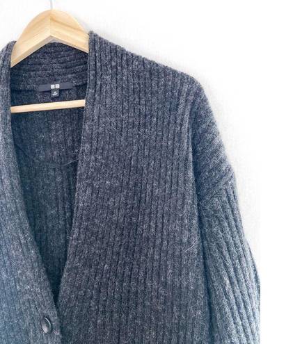 Uniqlo  100% Wool Longline Cardigan Sweater XS Ribbed Dark Heather Gray Oversized