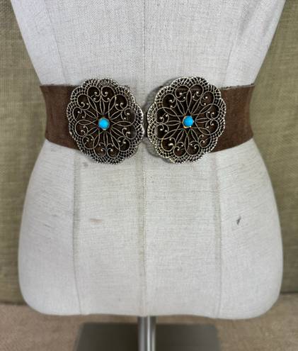 Vintage Brown Suede Leather Belt With Brass & Turquoise Buckle S