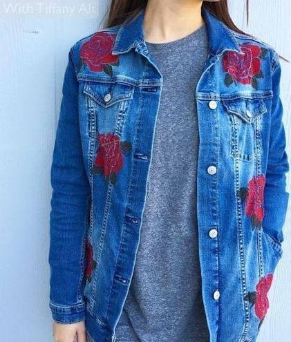 LuLaRoe Womens  Jaxon Red Rose Embroidered Rodeo Denim Jean Jacket - Sz XXS