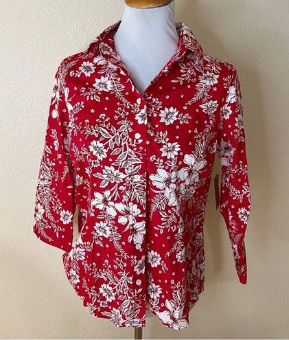 Coldwater Creek  red white Hawaiian floral shaped button down shirt NEW M petite