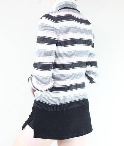 Q&A Grey, White, Pink & Black Striped Ribbed Turtleneck