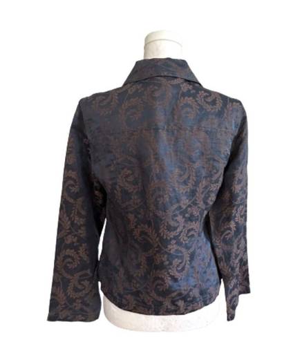 J.Jill  Jacket Top Blue Brown Scroll Linen Silk Blend Lightweight Jacket Size 4