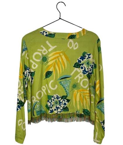 Mango  Bay Green Tropical Beaded Fringe Button Up Blouse Medium