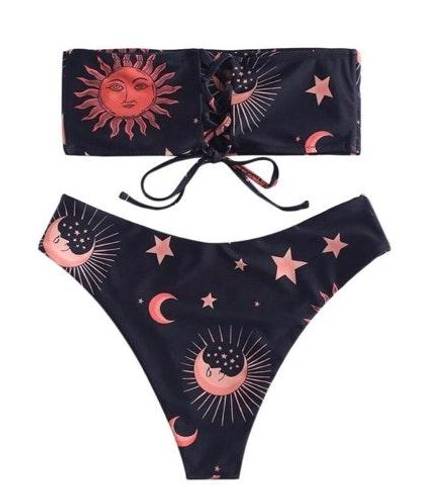 Zaful Sun Moon Star Print Bandeau Bikini Set