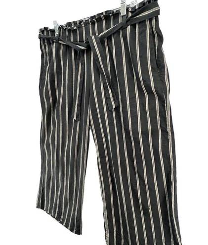 J.Jill  Pants Womens L Black Tan Stripe Linen Stretch Crop Wide Leg Paper Bag Tie