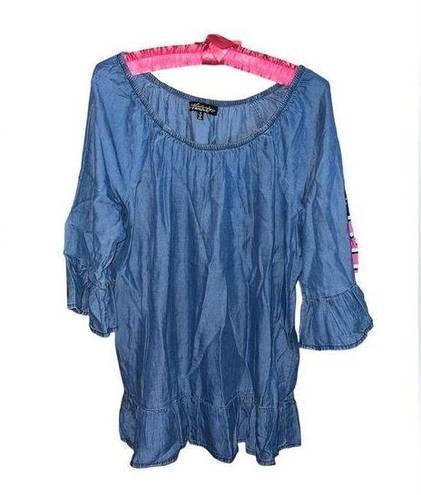 Absolutely Famous  medium wash chambray boho peasant shirt with boat neck medium