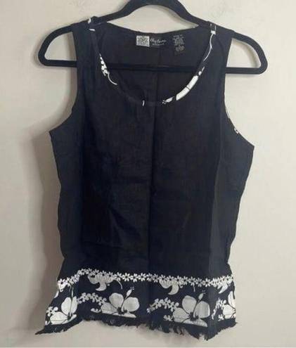 Oleg Cassini Linen Blend Black and White Floral Trim Sleeveless Top