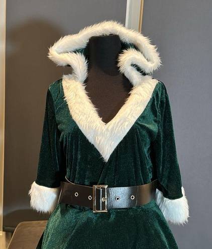 ma*rs Short Green Hooded Dress White FauxFur Trim  Claus Santa Christmas Size L NEW