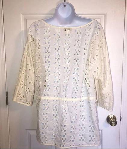 Coldwater Creek  Eyelet Blouse Pepulum Cinched Waist  Ivory Women's Size L