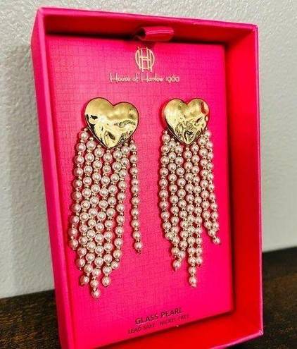 House of Harlow  heart hammered gold colored fringe drop glass pearl earrings new