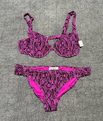 Jessica Simpson NEW  Pink Magenta Snake Print Ribbed Bikini Set Underwire Top